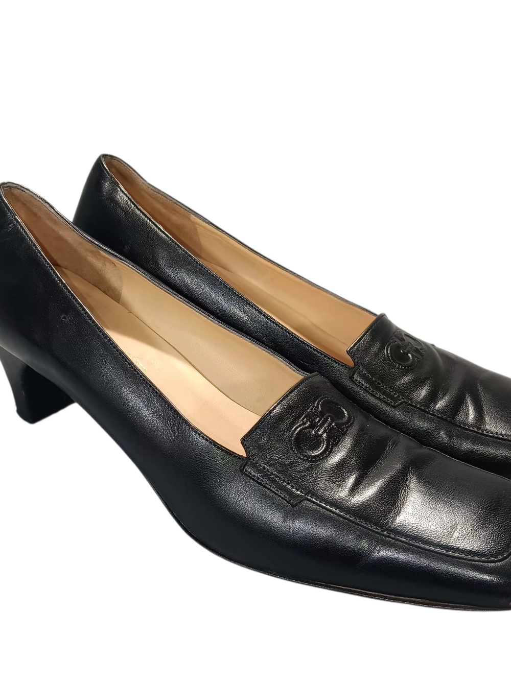 Vtg Salvatore Ferragamo Gancini Embossed Pumps 8.5 N Black Leather Square Toe